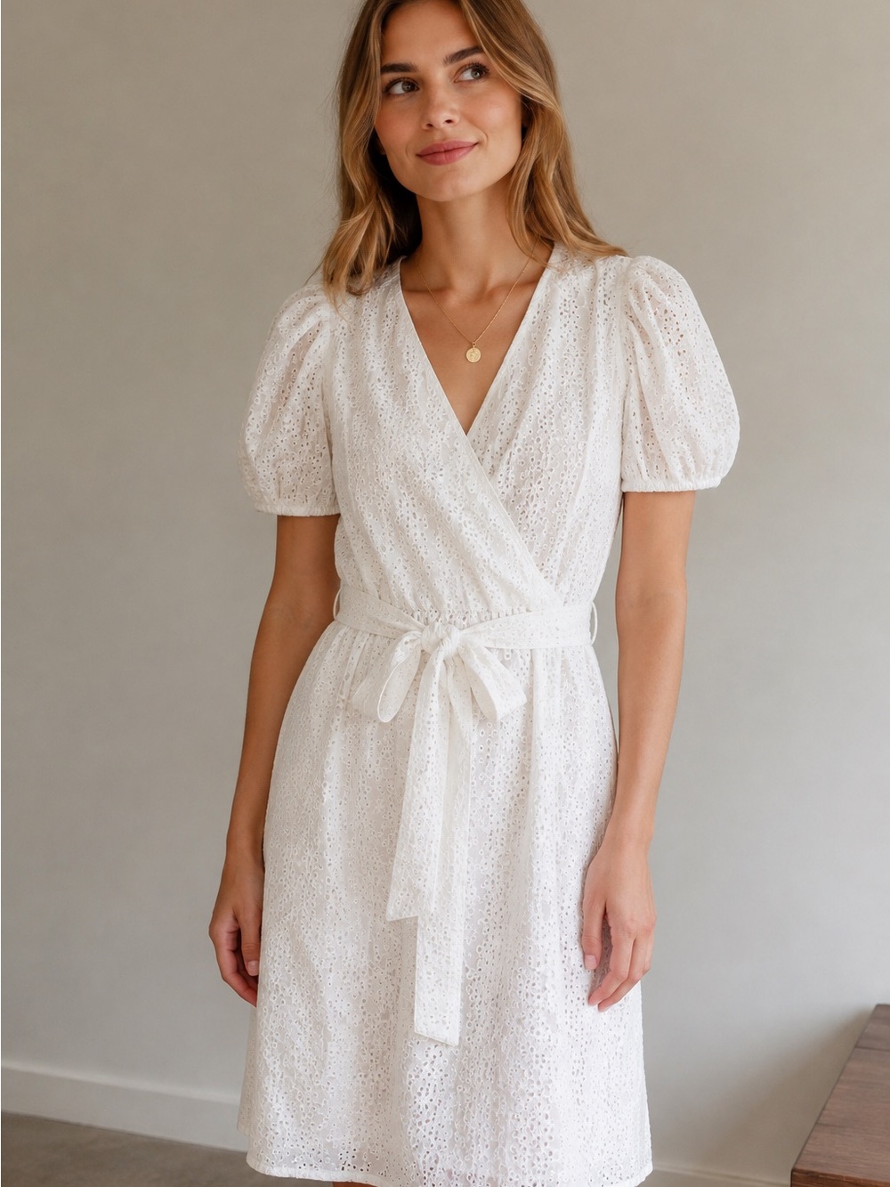 Ann Taylor White Eyelet Puff Sleeve Wrap Dress Size 8 100% Cotton
